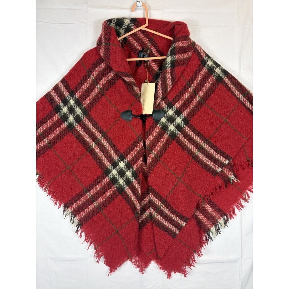 Altare Cape Poncho Fringed Toggle Red Plaid OS NWT Cozy Fall Boho
